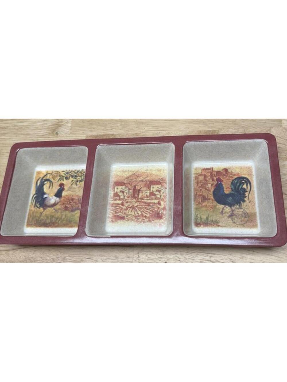 Divided Serving Dish Eco Bamboo Material Chickens Rooster Farmhouse 14.5” X 6”